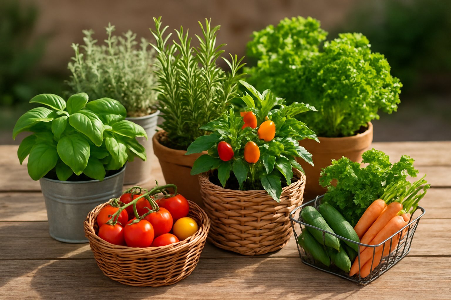 19+ Mixed Herb Veggie Container Ideas: Space-Saving Solutions for Urban Gardeners 2 Various containers filled with fresh mixed herbs and colorful vegetables arranged on a wooden table.