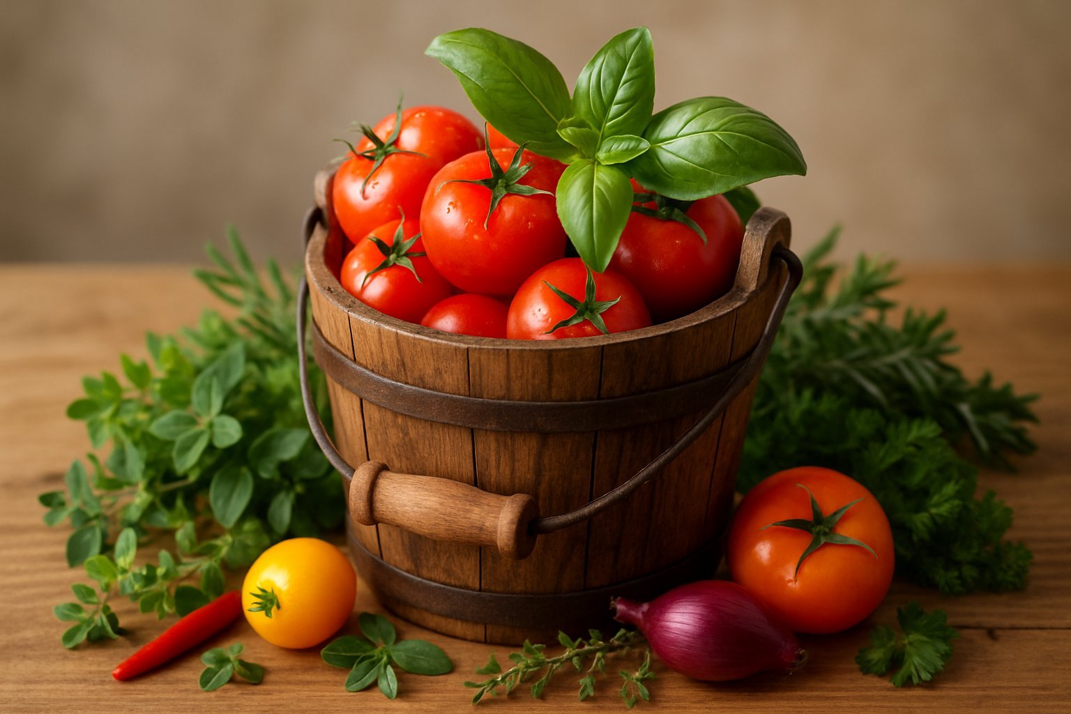 19+ Mixed Herb Veggie Container Ideas: Space-Saving Solutions for Urban Gardeners 3 A wooden bucket filled with fresh tomatoes and basil surrounded by mixed herbs and vegetables on a wooden surface.