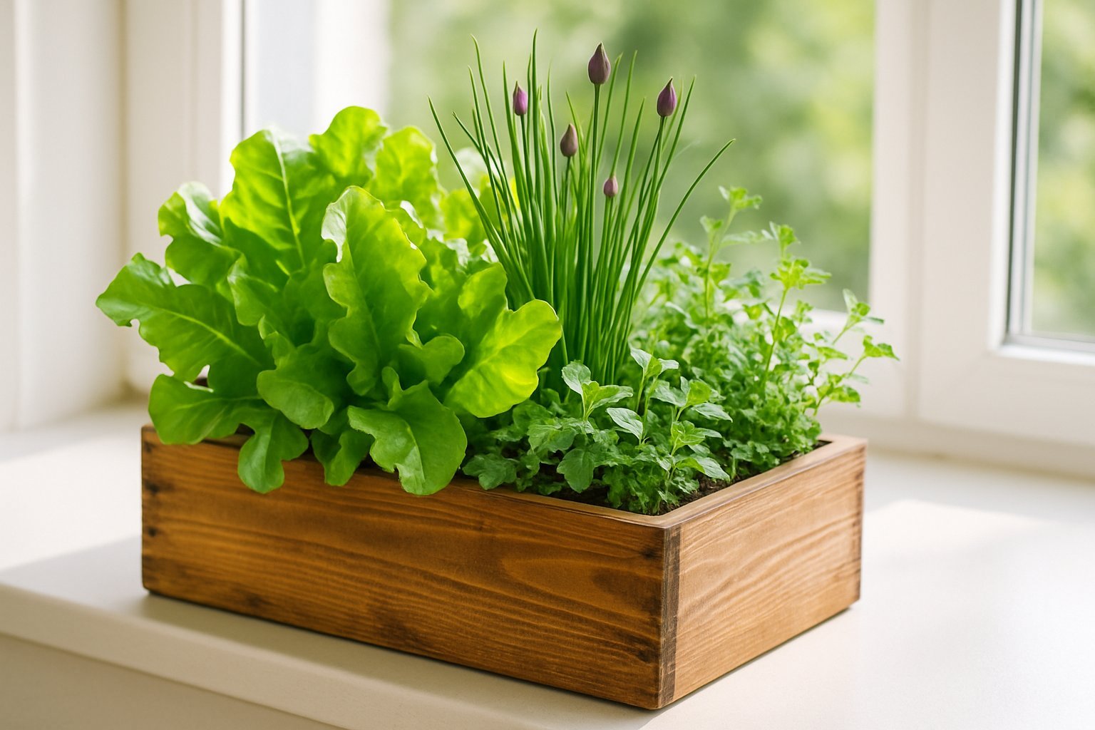 19+ Mixed Herb Veggie Container Ideas: Space-Saving Solutions for Urban Gardeners 4 A window box planter filled with fresh green lettuce and purple-tipped chive plants on a sunny windowsill.