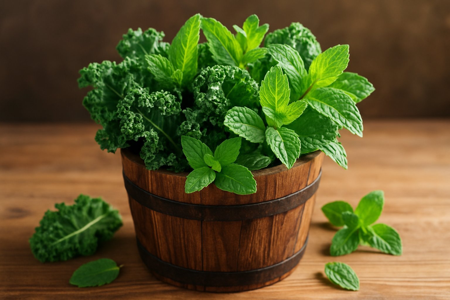 19+ Mixed Herb Veggie Container Ideas: Space-Saving Solutions for Urban Gardeners 6 A wooden barrel filled with fresh kale and mint herbs placed on a wooden surface.