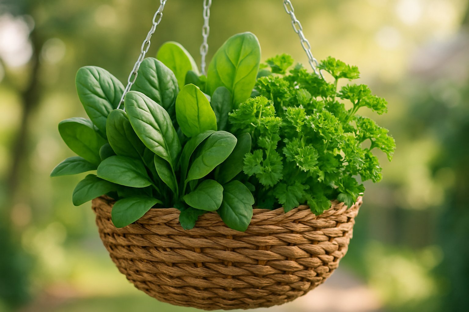 19+ Mixed Herb Veggie Container Ideas: Space-Saving Solutions for Urban Gardeners 7 A hanging basket filled with fresh spinach and parsley plants outdoors.