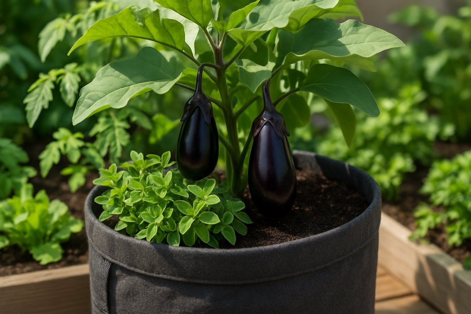 19+ Mixed Herb Veggie Container Ideas: Space-Saving Solutions for Urban Gardeners 9 A grow bag container garden with eggplants and oregano plants growing outdoors on a wooden deck.