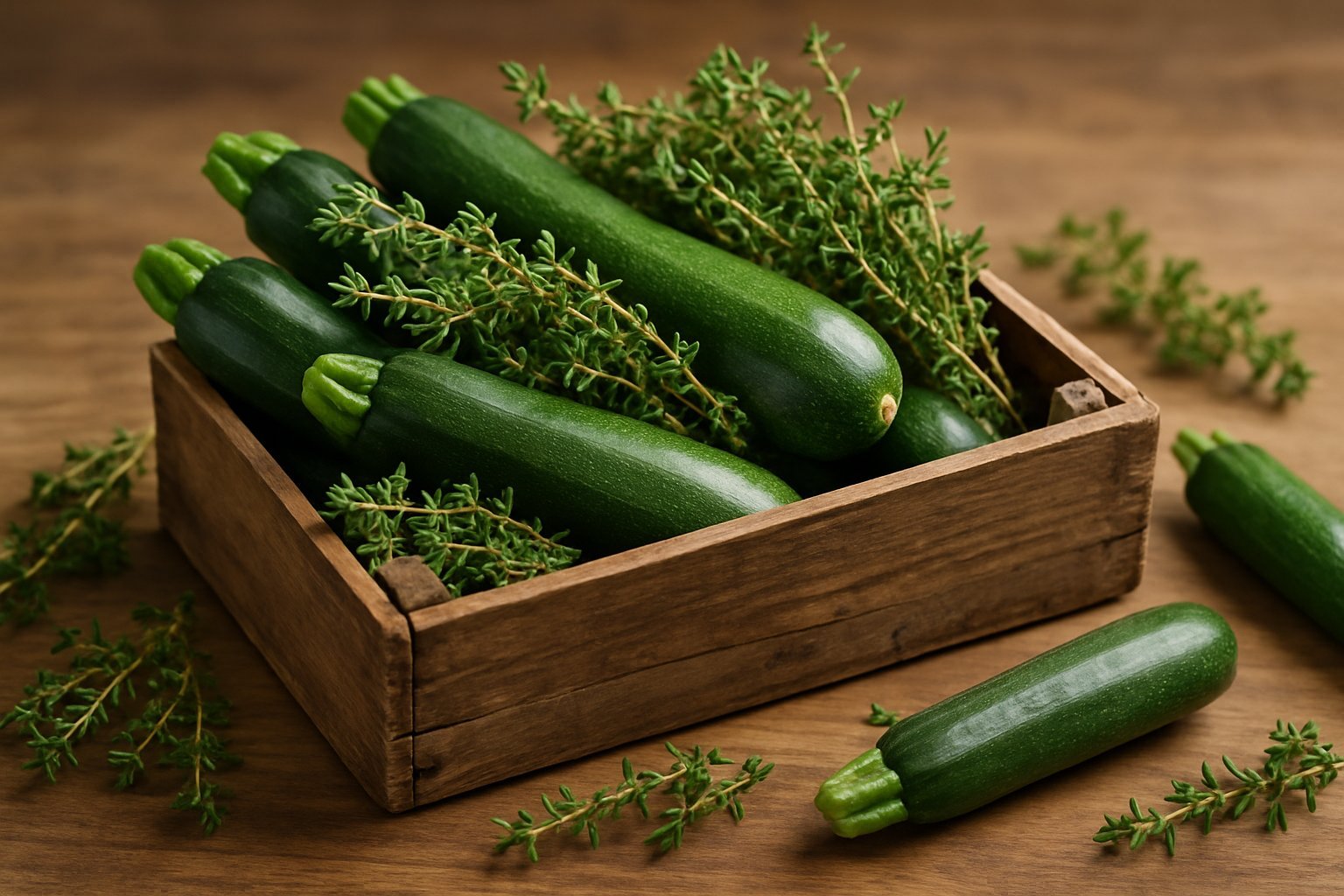 19+ Mixed Herb Veggie Container Ideas: Space-Saving Solutions for Urban Gardeners 10 Wooden crate filled with fresh zucchinis and thyme on a wooden surface.