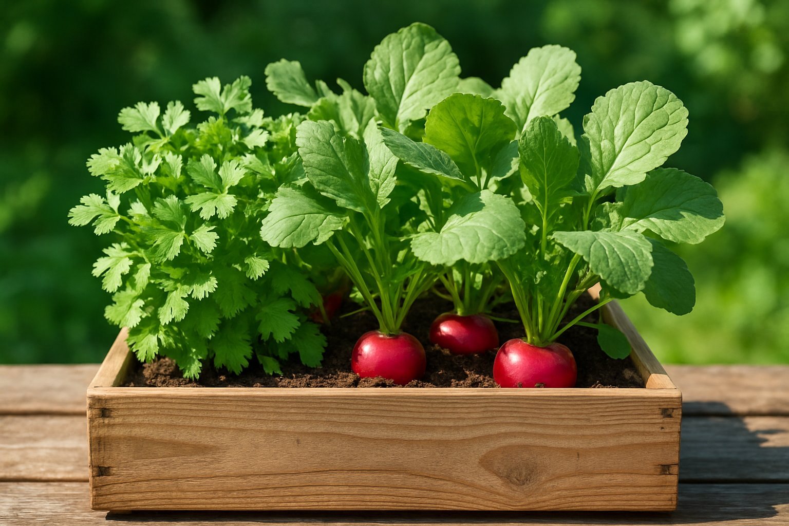 19+ Mixed Herb Veggie Container Ideas: Space-Saving Solutions for Urban Gardeners 11 Wooden planter box filled with radish plants and coriander herbs outdoors on a wooden surface.