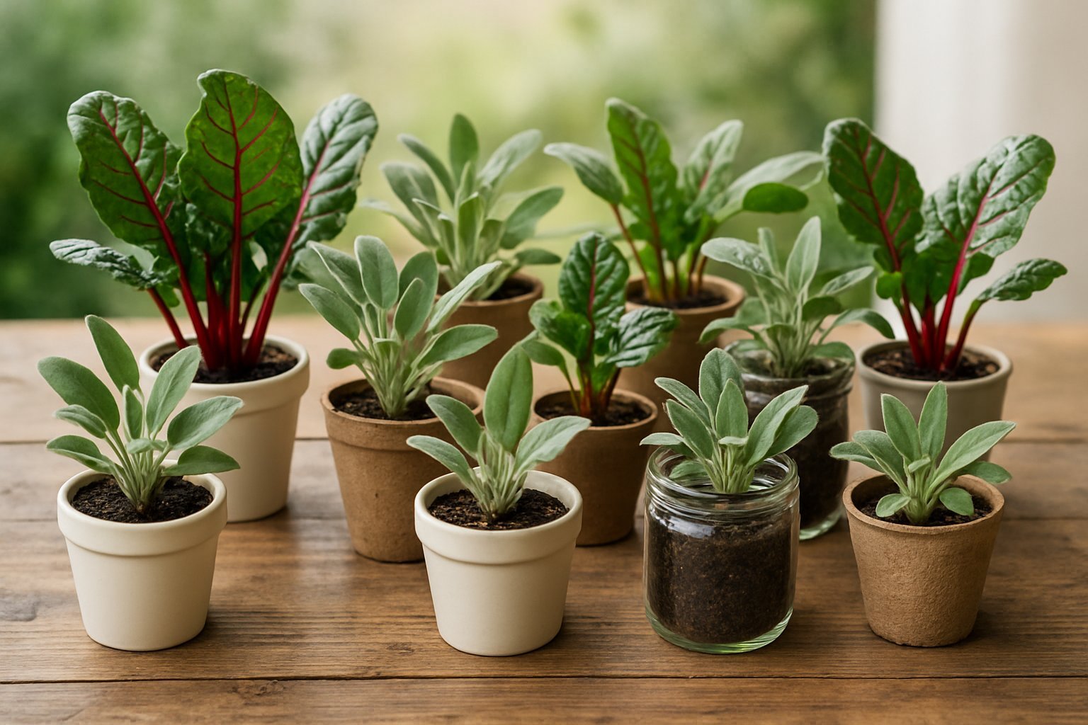 19+ Mixed Herb Veggie Container Ideas: Space-Saving Solutions for Urban Gardeners 12 Ten small containers filled with Swiss chard and sage herbs arranged on a wooden table.