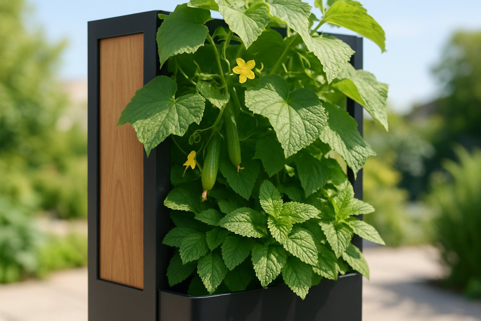 19+ Mixed Herb Veggie Container Ideas: Space-Saving Solutions for Urban Gardeners 13 A vertical planter with cucumber vines and lemon balm leaves growing together outdoors in natural sunlight.