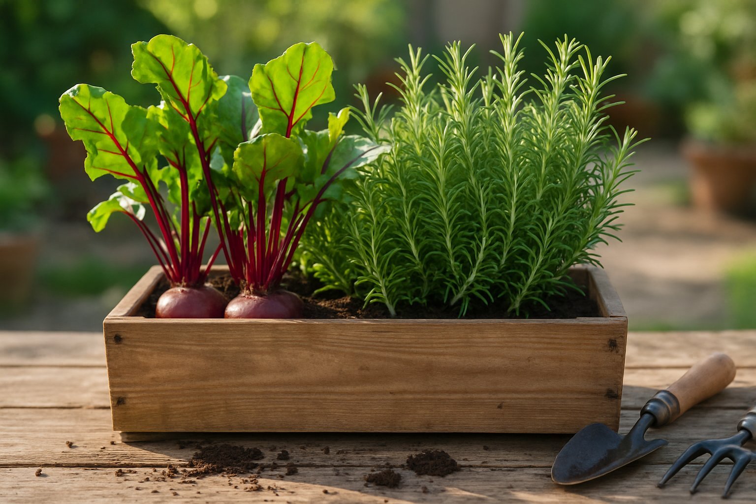 19+ Mixed Herb Veggie Container Ideas: Space-Saving Solutions for Urban Gardeners 14 Wooden trough planter filled with beetroot plants and rosemary herbs on a wooden table outdoors.
