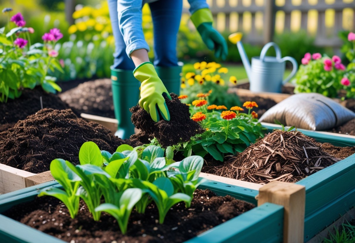 Gardener spreading compost and mulch around plants in a sunny garden with gardening tools and soil amendments nearby.