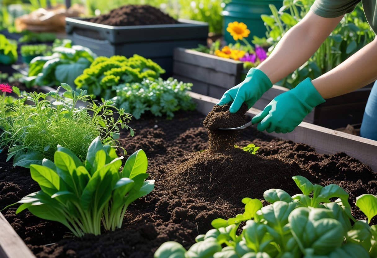 A garden bed with dark compost soil and healthy plants, a person spreading compost with a trowel, and compost bins in the background.