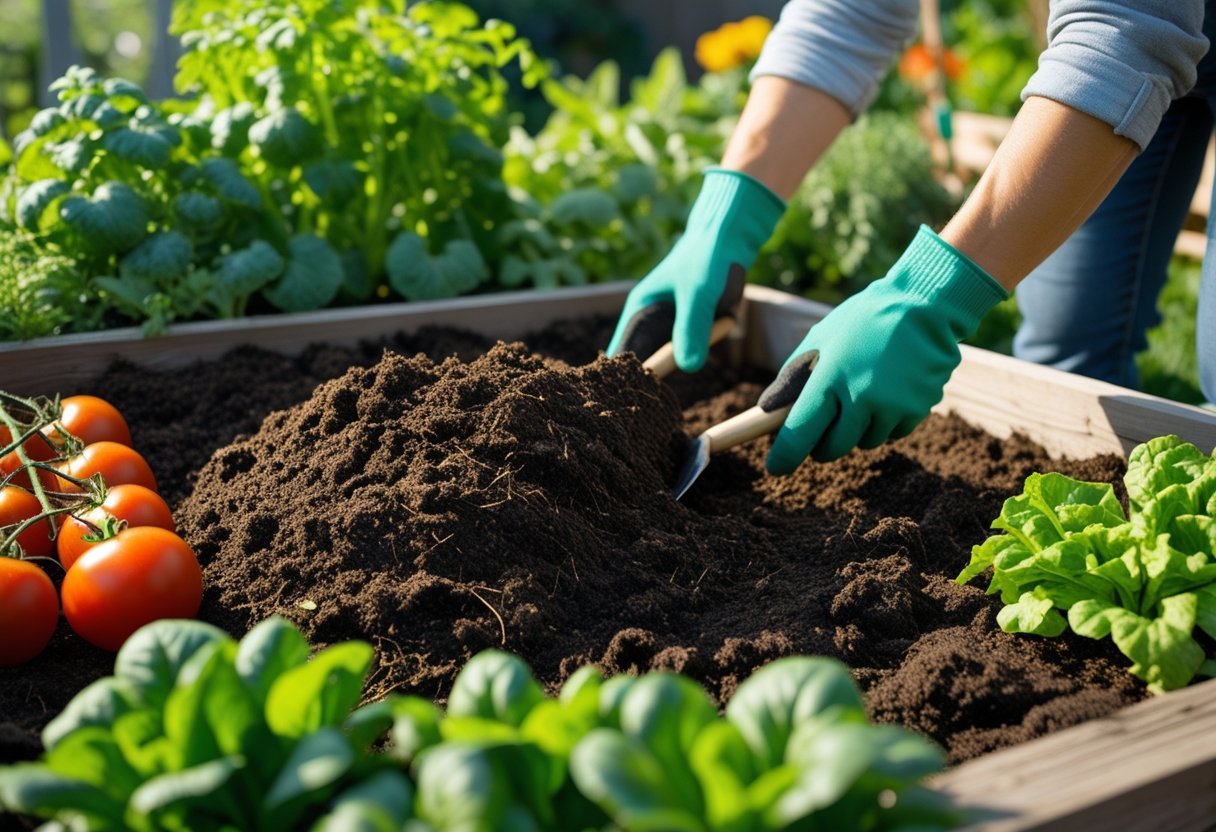 A garden bed with dark, rich soil being mixed by gloved hands, surrounded by healthy vegetable plants.