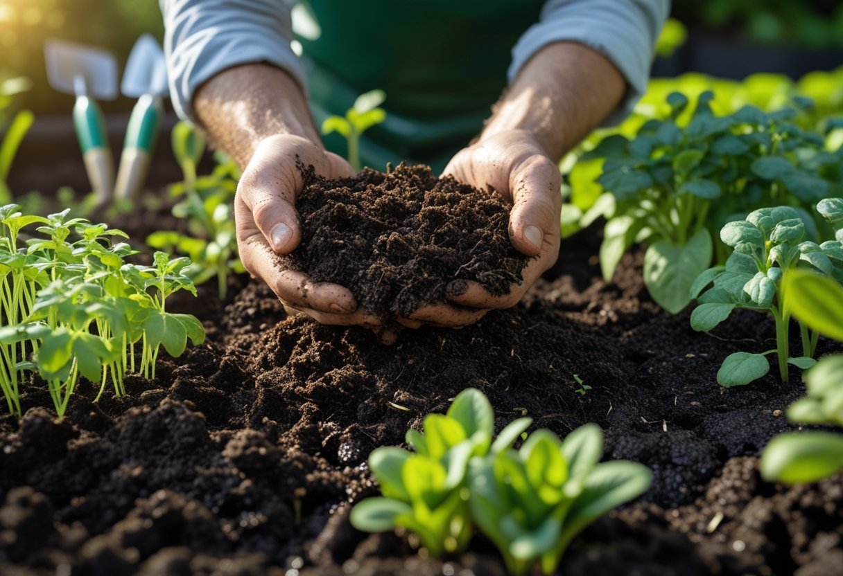 Hands spreading dark worm castings into soil in a garden bed with green plants and gardening tools nearby.