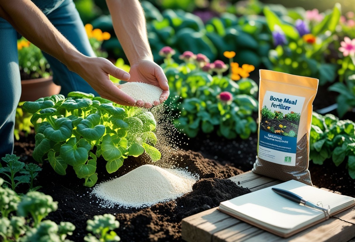 A gardener sprinkling bone meal powder around healthy plants in a vibrant garden with gardening tools and an open bag of bone meal on a wooden table nearby.