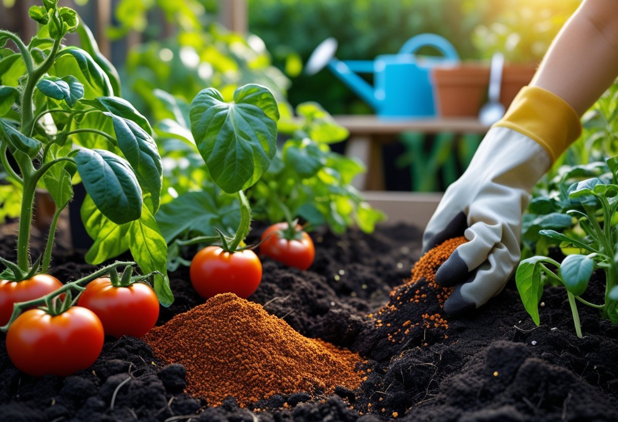 A gardener's hand sprinkling blood meal powder into soil near healthy garden plants with gardening tools nearby.