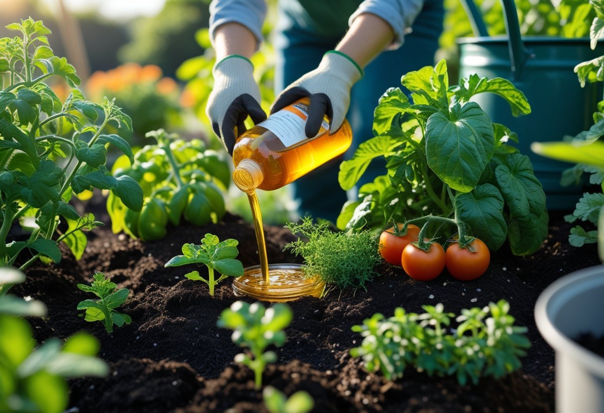 A gardener pouring fish emulsion fertilizer into soil around healthy plants in a garden bed with green vegetables and herbs.