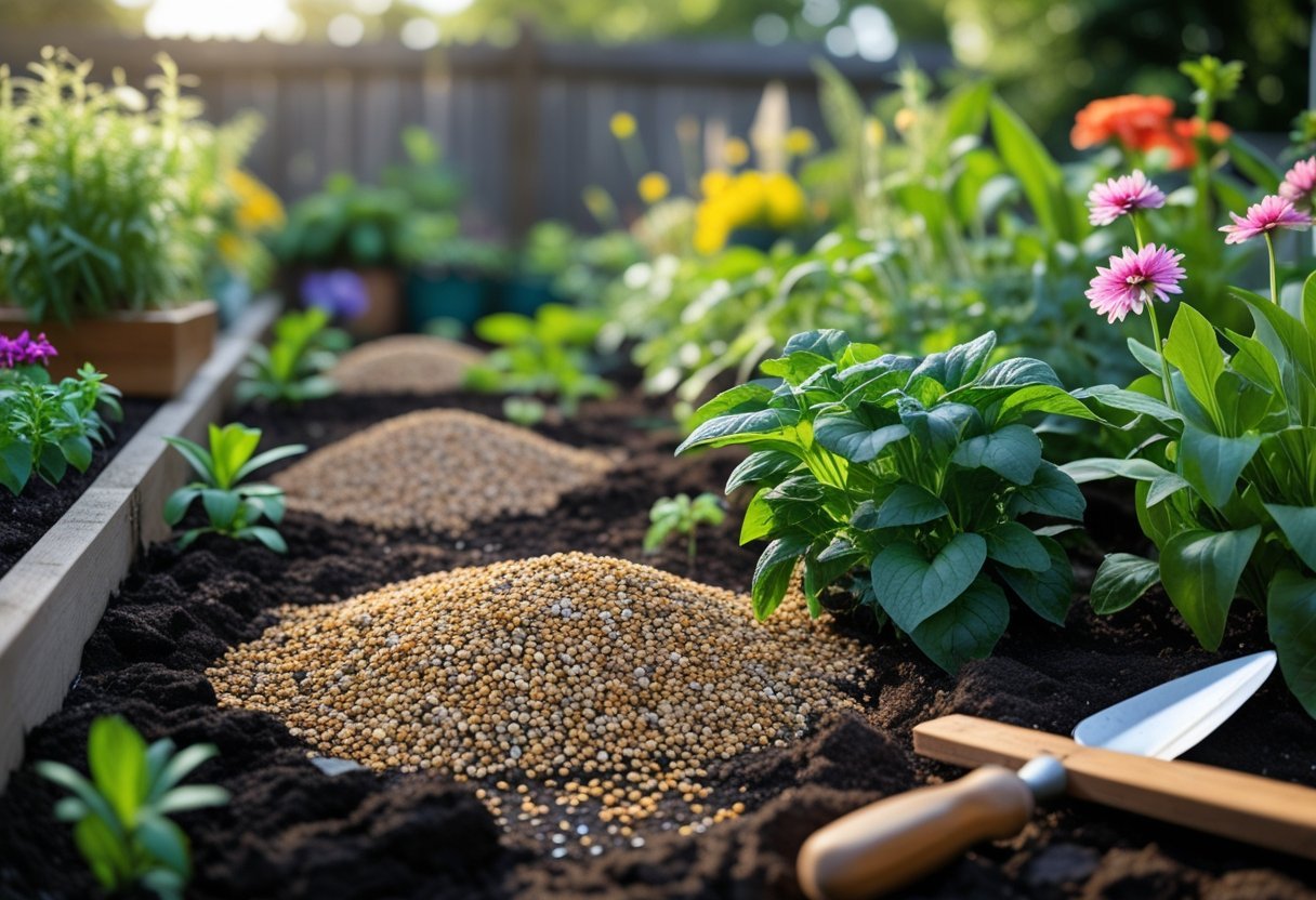 A garden bed with dark soil amended with rock phosphate, healthy green plants and flowers growing, gardening tools nearby, and a wooden fence in the background.