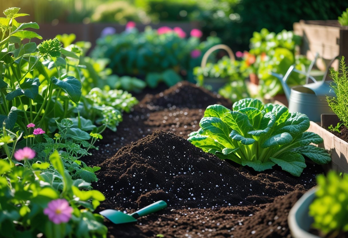 Close-up of a garden bed with dark soil mixed with greensand, surrounded by healthy green plants and colorful flowers under natural sunlight.