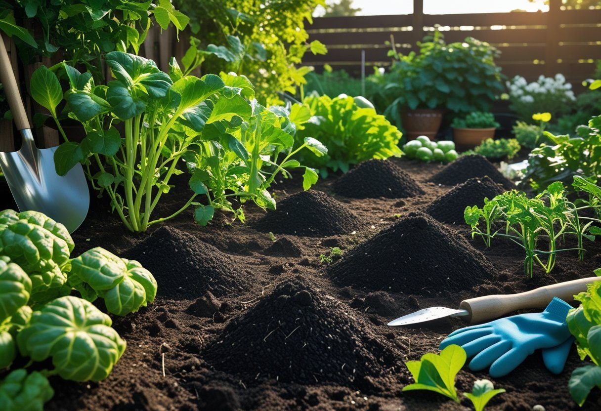 A garden with healthy green plants growing in dark soil amended with biochar, gardening tools nearby, and a wooden fence in the background.