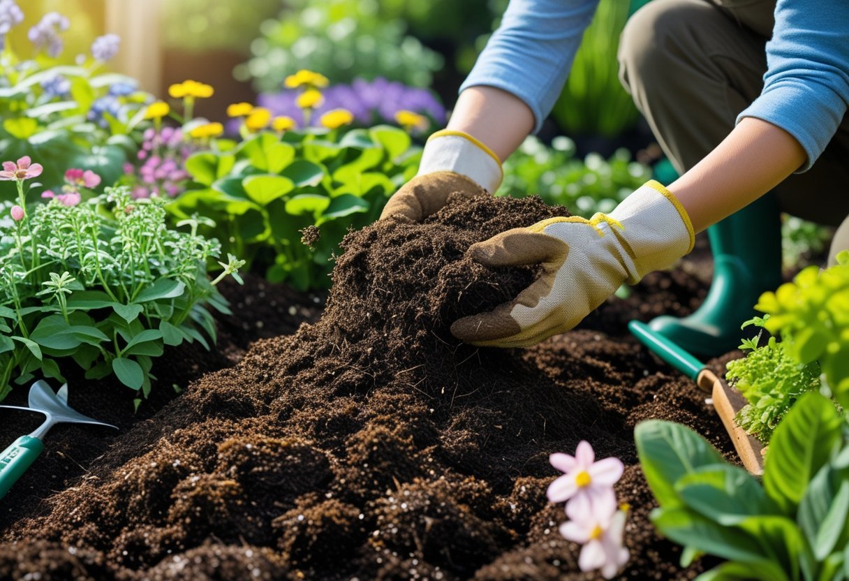 A gardener spreading dark peat moss over soil around healthy plants and flowers in a sunny garden.