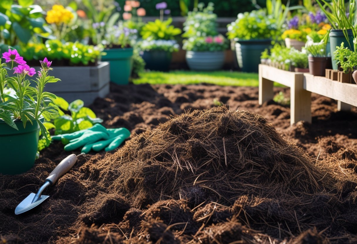 Close-up of garden soil mixed with coco coir around healthy green plants and flowers, with gardening tools on a wooden bench in the background.