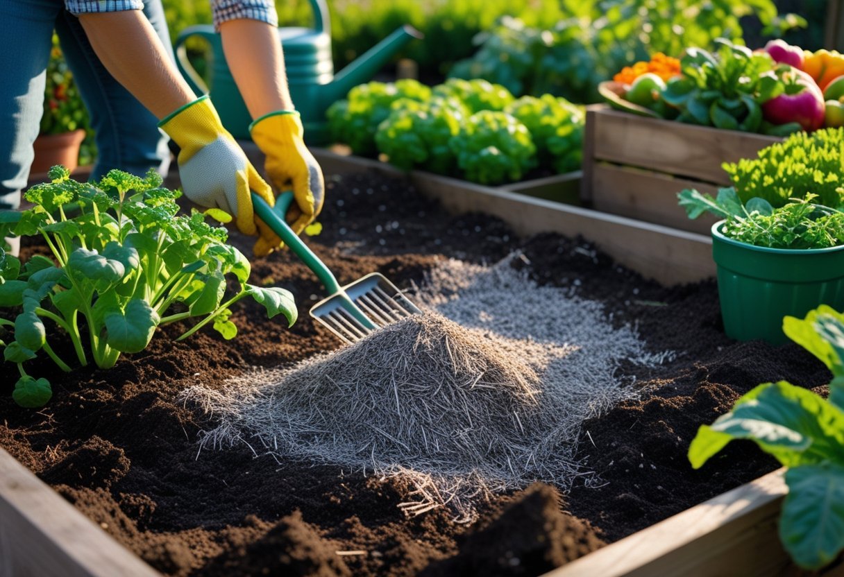 A gardener spreading wood ash on soil in a healthy garden bed with green plants and flowers.