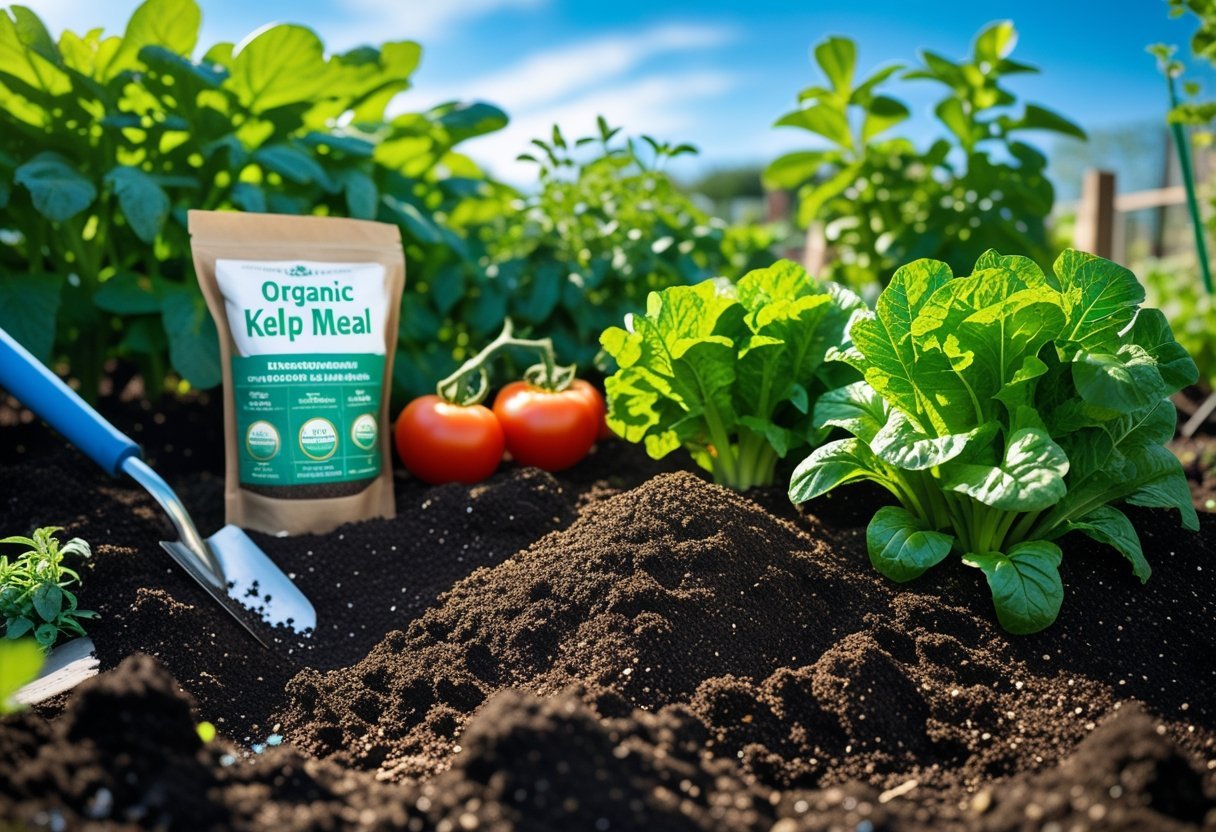 A garden bed with healthy vegetable plants growing in dark soil enriched with kelp meal, gardening tools nearby, and sunlight illuminating the scene.