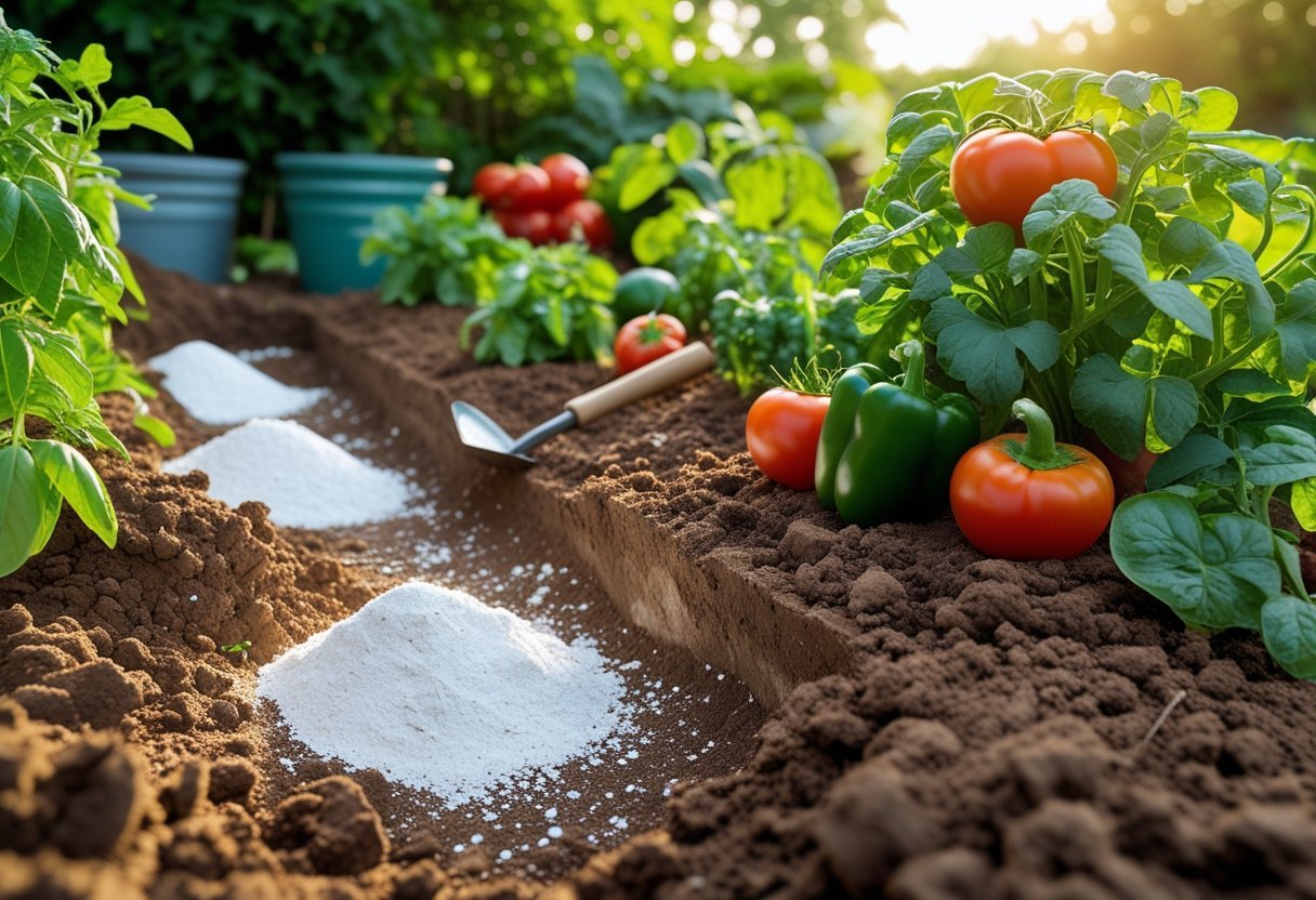 A garden bed with healthy vegetable plants growing in soil mixed with white gypsum powder, surrounded by gardening tools and green foliage.