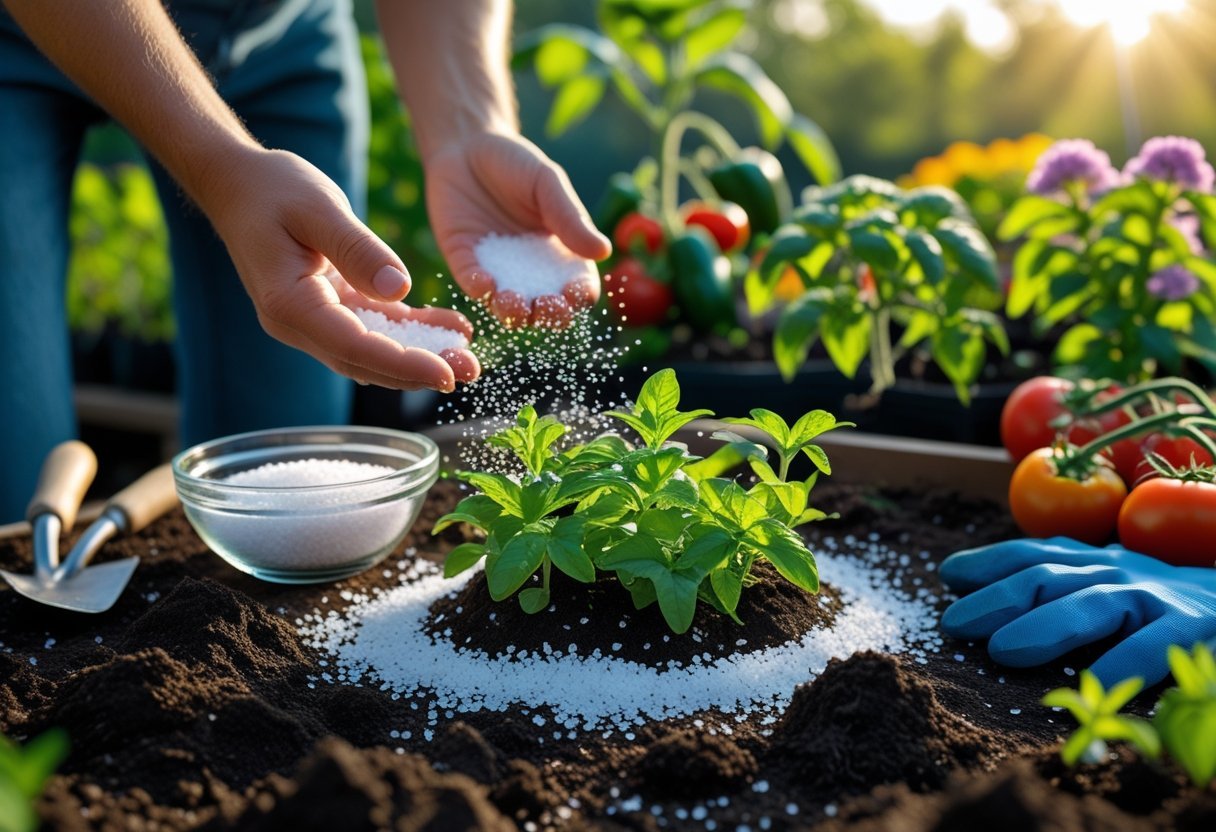 Hands sprinkling white crystals around green plants in soil with a bowl of Epsom salt and gardening tools nearby in a sunny garden.