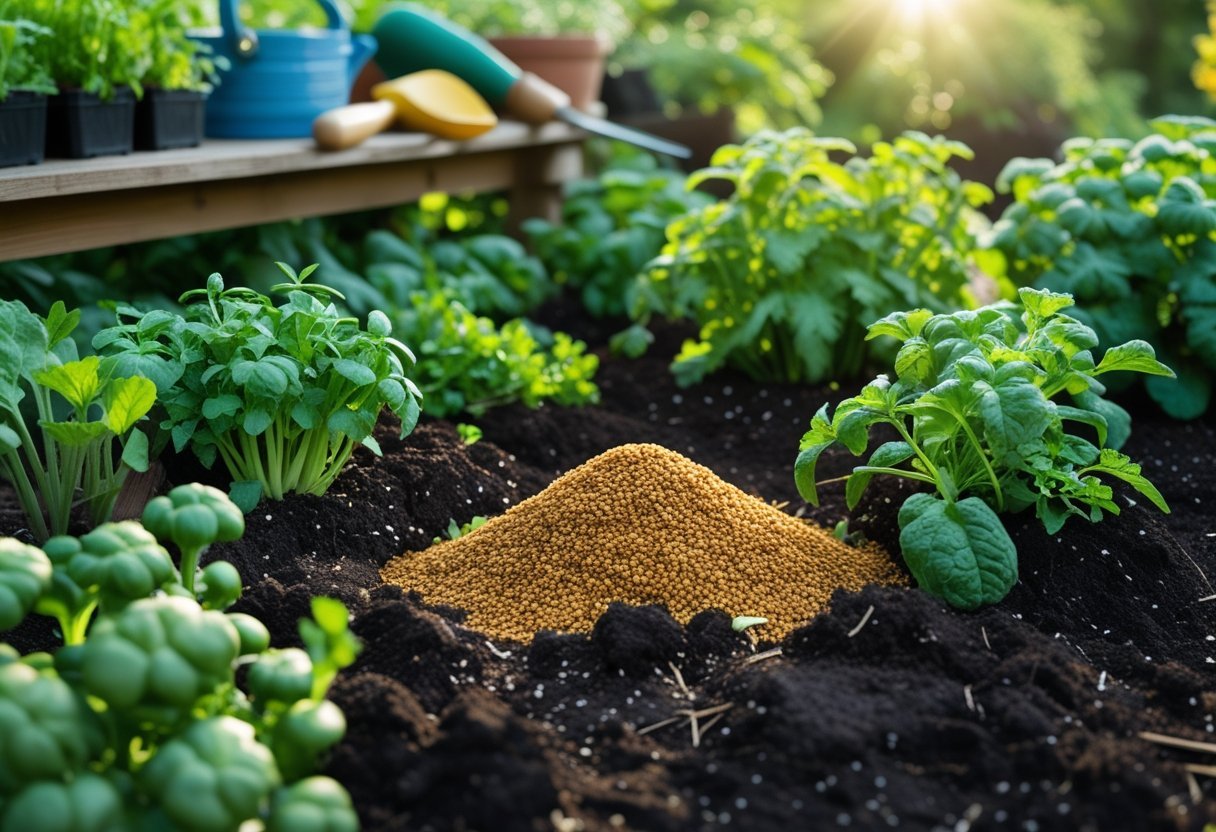 Close-up of rich garden soil mixed with alfalfa meal surrounded by healthy green vegetable plants and gardening tools nearby.
