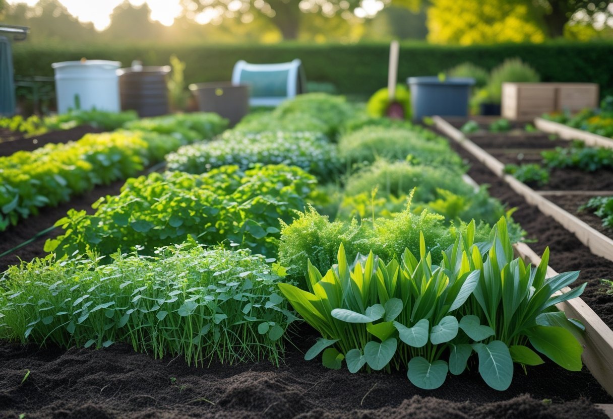 A garden bed densely planted with green cover crops growing in rich soil, surrounded by gardening tools and natural greenery.