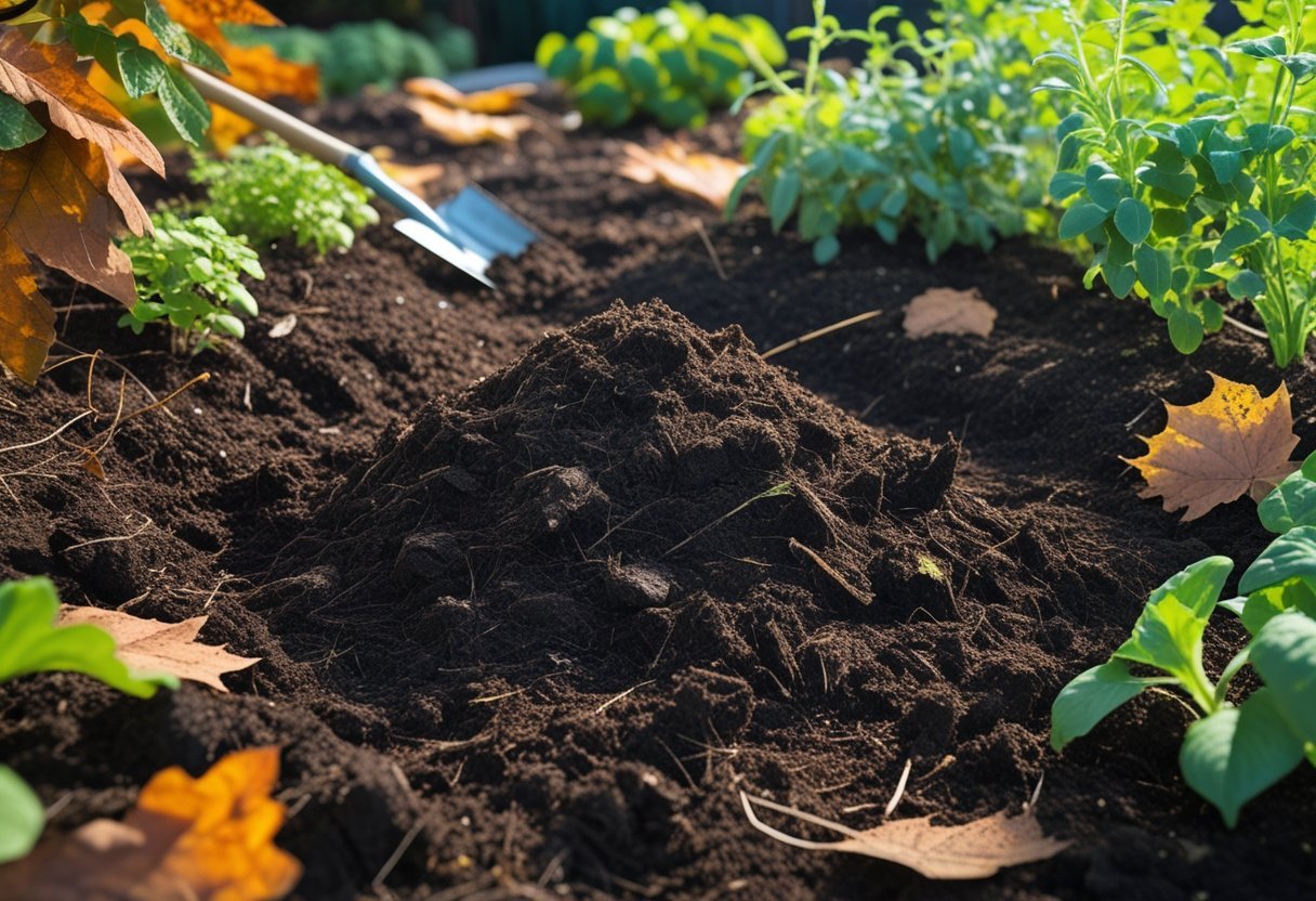 Close-up of dark leaf mold soil in a garden bed with green plants and fallen autumn leaves nearby.