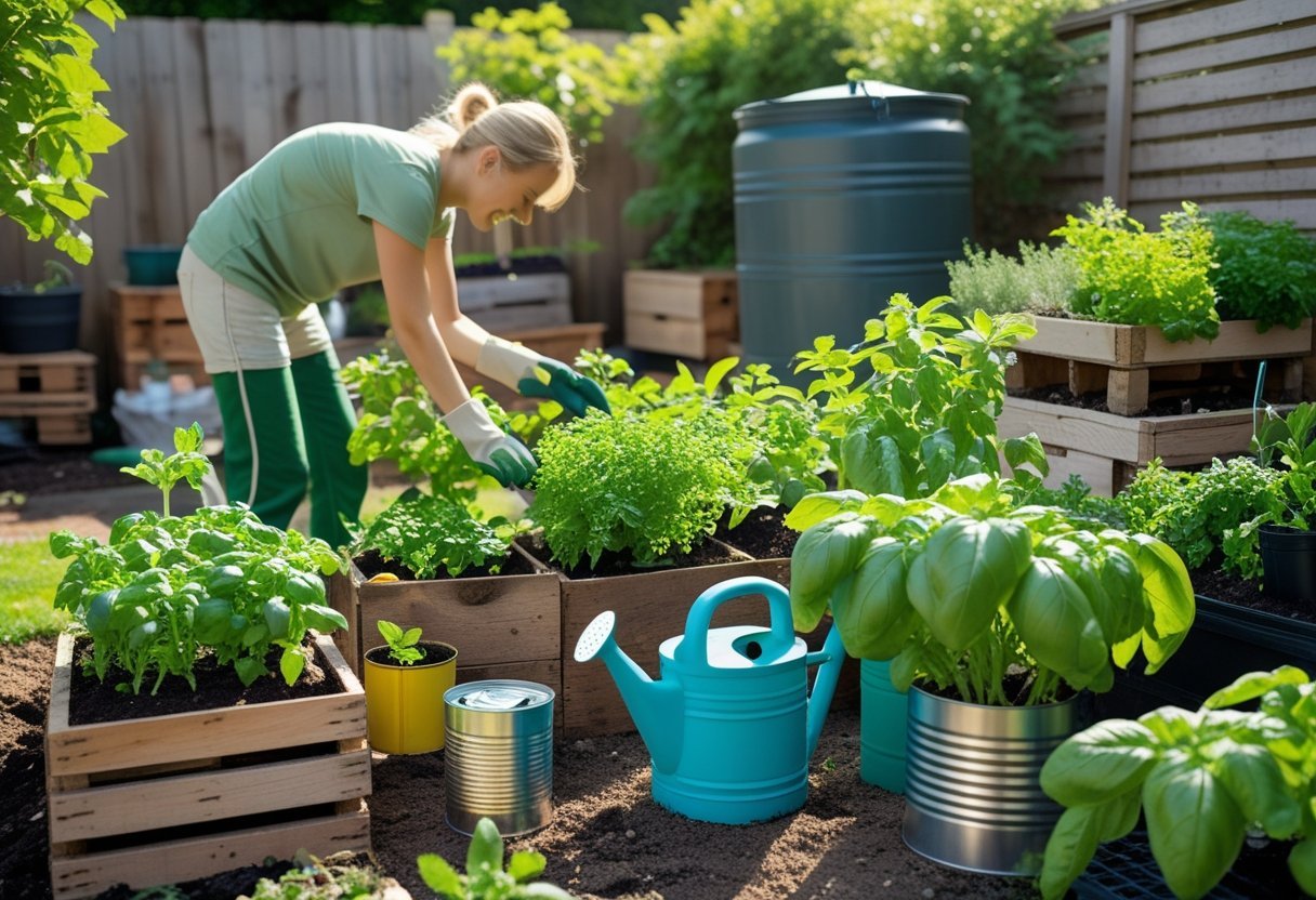 A small backyard garden with various recycled containers growing herbs and vegetables, a person tending to the plants, and a compost bin and rainwater barrel in the background.