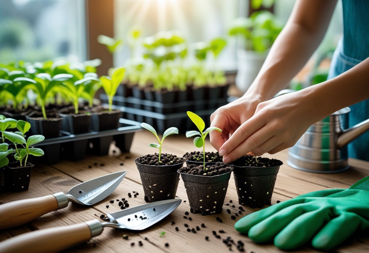 Hands planting seeds into soil in small pots on a wooden table with gardening tools and seedlings nearby.