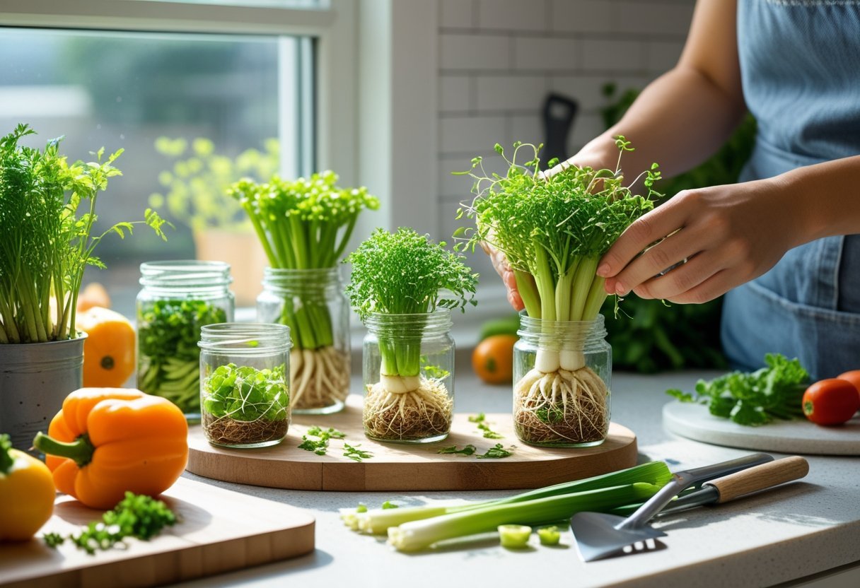 Hands tending to sprouting vegetable scraps in jars on a sunny kitchen countertop with fresh vegetables and gardening tools nearby.