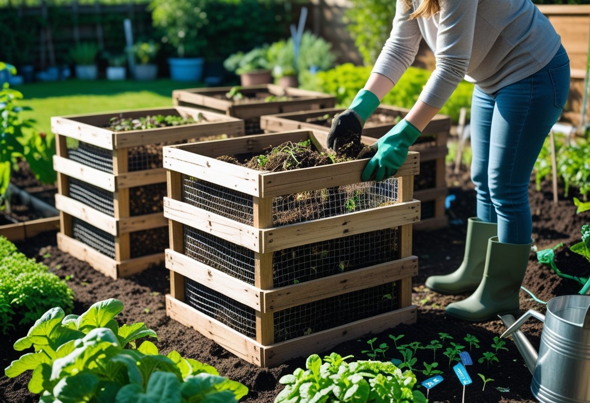 A person adding garden waste into three DIY compost bins made from wooden pallets in a backyard garden surrounded by plants and gardening tools.