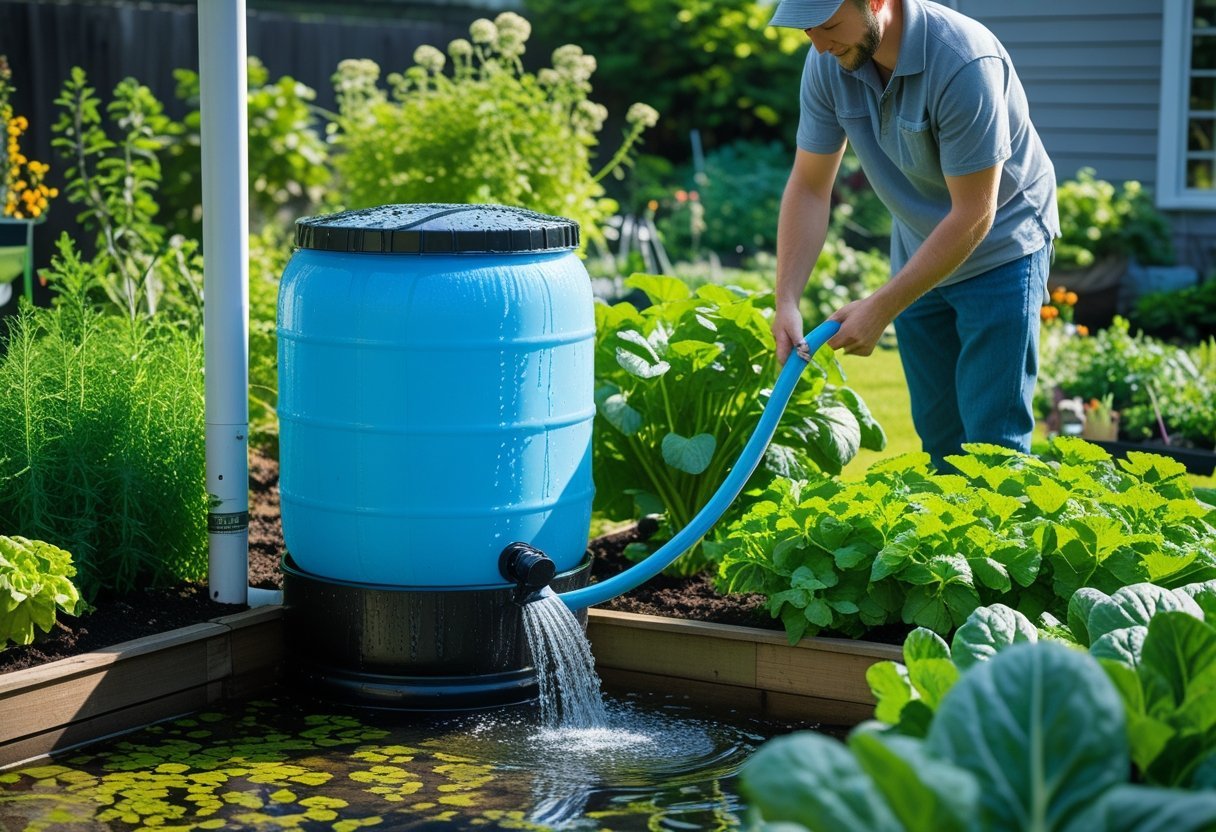 A backyard garden with a rain barrel collecting water from a downspout, a gardener watering plants using a hose connected to the barrel.