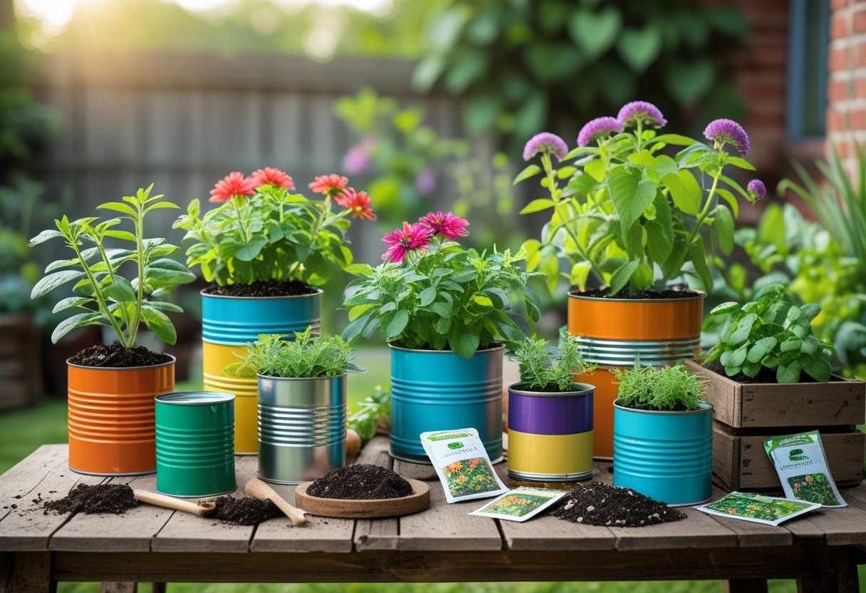 Various repurposed containers like cans, jars, and teacups filled with plants arranged on a wooden table outdoors.