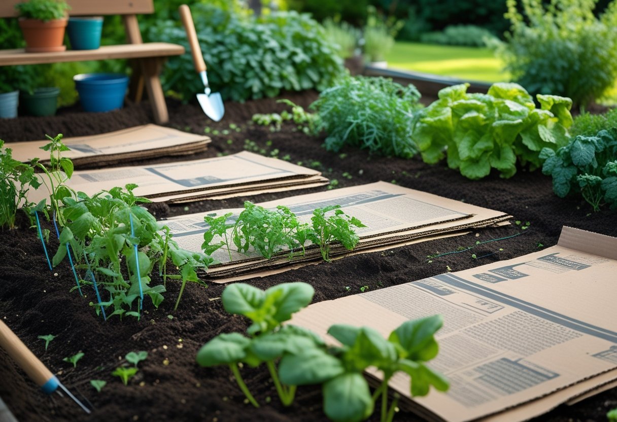 A garden bed covered with cardboard and newspaper for weed control, surrounded by growing plants and gardening tools nearby.