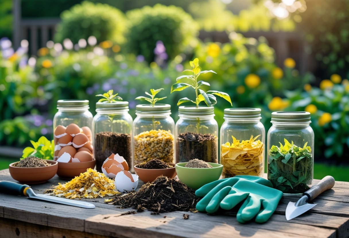A wooden table outdoors with jars of homemade organic fertilizers and gardening tools, with a green garden in the background.