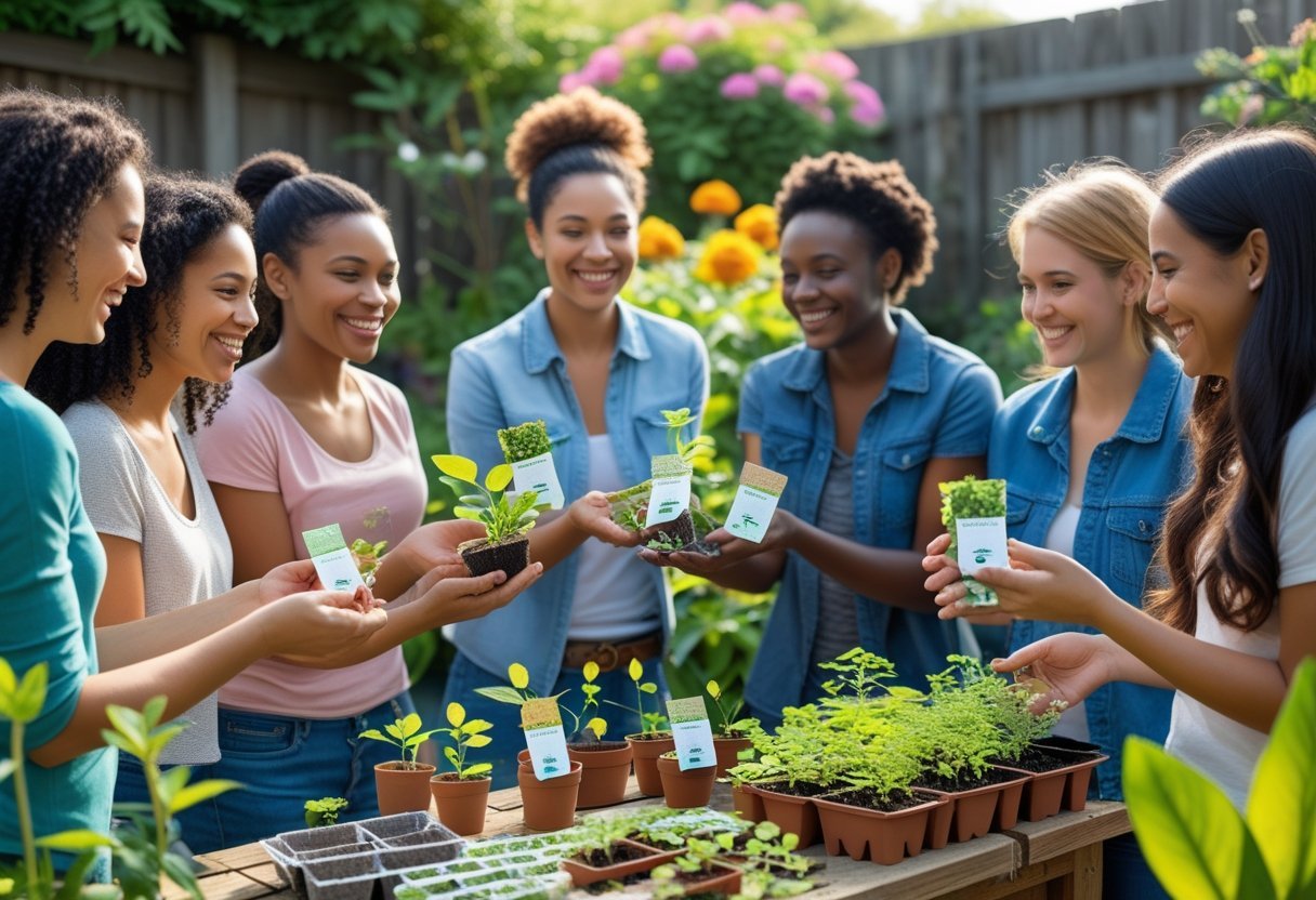 A group of friends outdoors exchanging small plants, seed packets, and cuttings in a sunny garden.