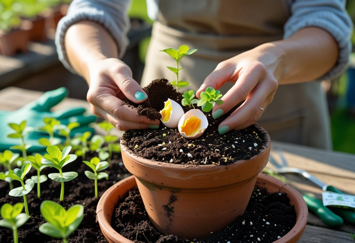 Hands mixing crushed eggshells and coffee grounds into soil with green seedlings in a garden setting.