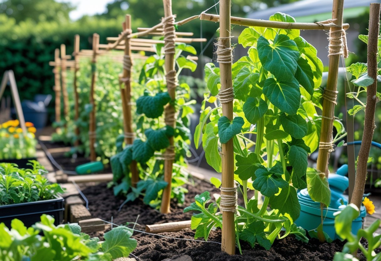 A garden with plants climbing on trellises made from sticks and old materials in an outdoor setting.