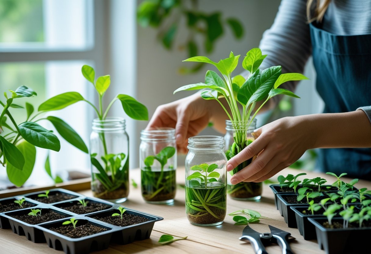 Hands propagating plant cuttings in jars on a wooden table with gardening tools nearby.