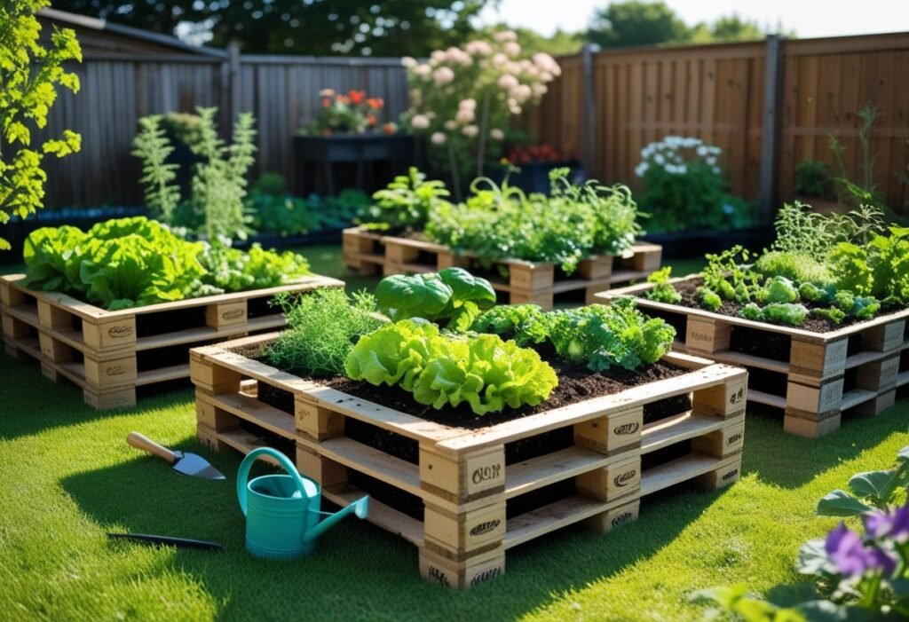 Raised garden beds made from wooden pallets filled with growing vegetables and herbs in a backyard garden.