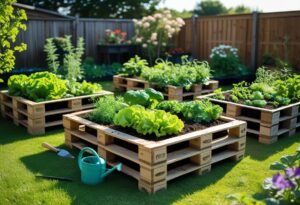 Raised garden beds made from wooden pallets filled with growing vegetables and herbs in a backyard garden.