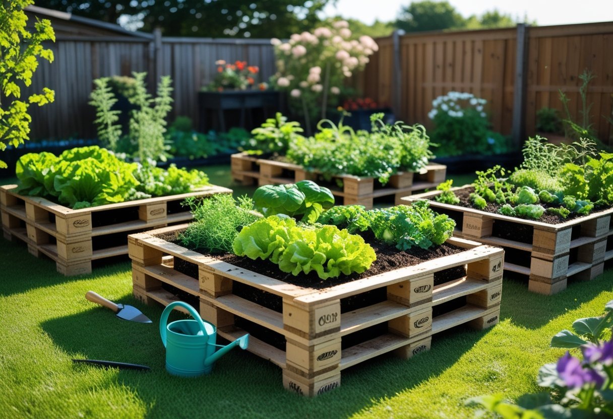Raised garden beds made from wooden pallets filled with growing vegetables and herbs in a backyard garden.