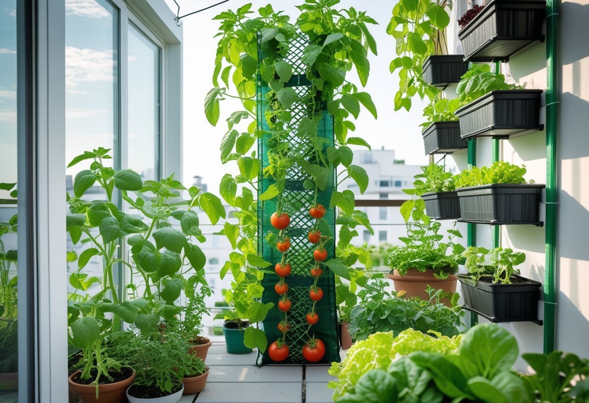 A small garden with plants growing vertically on trellises and vertical planters in a bright outdoor space.