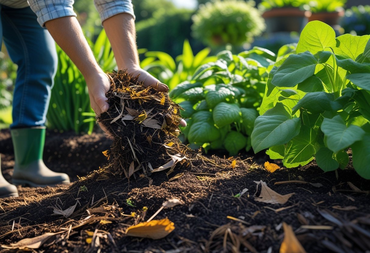 Gardener spreading mulch made from dried leaves and grass clippings around plants in a garden bed.