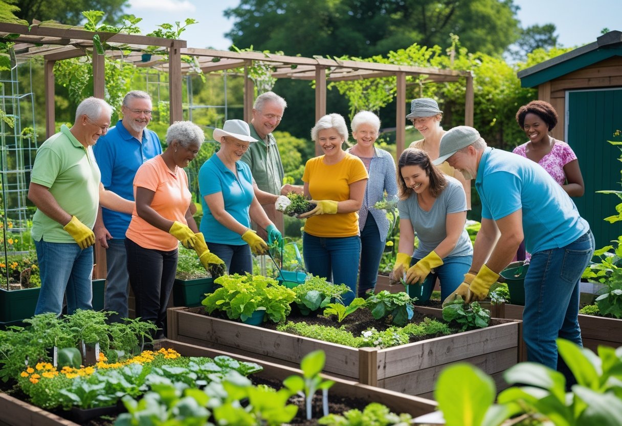 A diverse group of people gardening together in a community garden, planting and watering plants in raised beds on a sunny day.