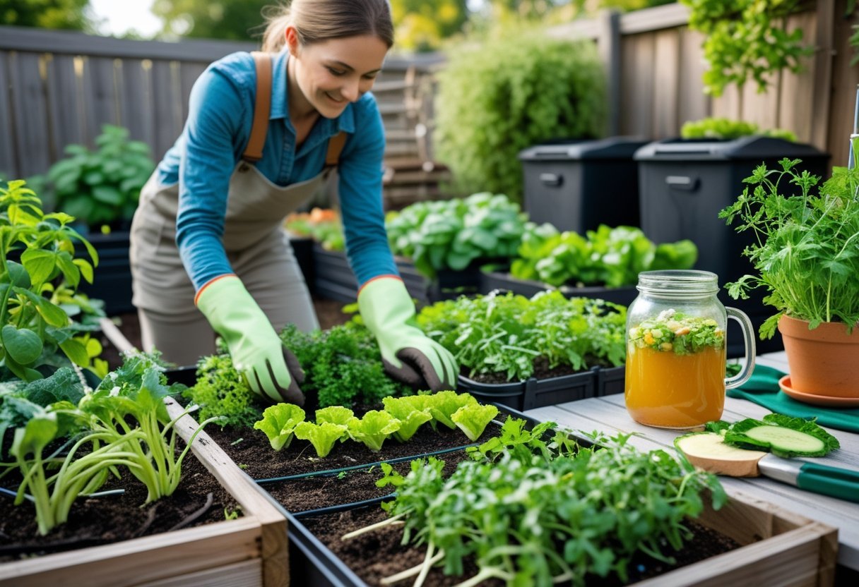 A person gardening in a backyard, planting vegetable scraps in raised beds with compost bins and fresh vegetables growing nearby.
