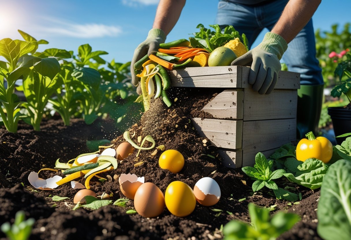 A person adding food scraps to a wooden compost bin in a garden with green plants and vegetables growing around.
